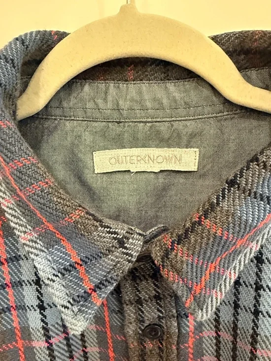 Outerknown Blanket Shirt in Blue and Orange Stripe Plaid Button-Down Shirt - Picture 2 of 3